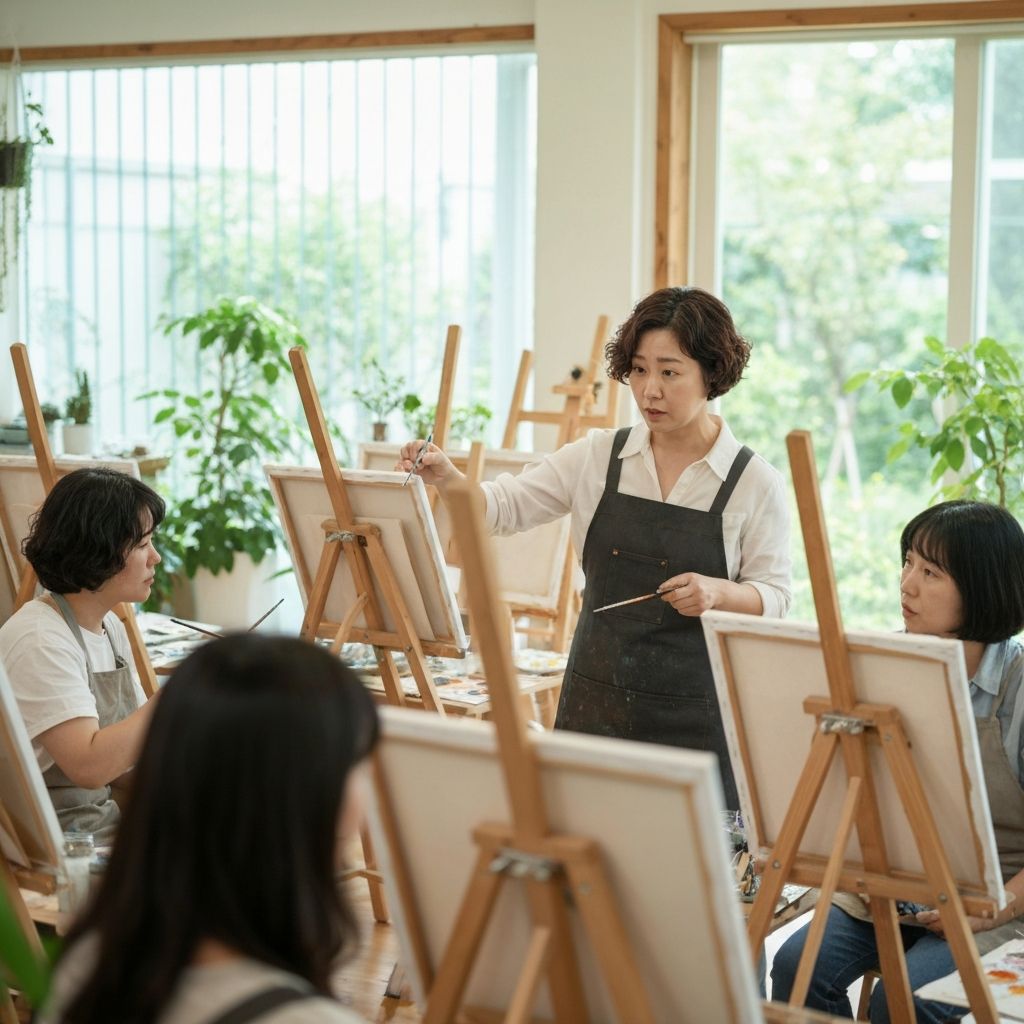 아트가든 강사가 수강생에게 수채화 기법을 지도하는 모습